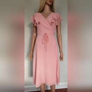 NEW LOOK SOFT PINK RUFFLES CRISS CROSS OPEN BACK WRAP STYLE MIDI DRESS US.6 NWOT